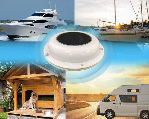Image showing Solar Powered Ventilation Fan With Battery For Boat Yacht Camper And Home White Go-To Portable Cooling System displayed among various applications including boats and RVs.