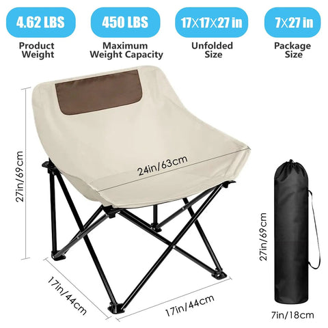 Ultralight Folding Camping Chair With 450 Pound Capacity For Outdoor Adventures Beach Or Campground Off White Durable Steel Frame Easy Set Up And Portable For Adults On The Go For Kick Back Comfort, shown with dimensions and carry bag