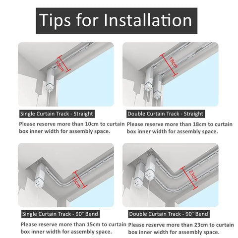 Electric Curtain Track System For Heavy Curtains With Apple HomeKit Alexa And Google Home Integration Auto Opener Kit With 4.1M Length Tracks And DIY Segments install tips for single and double straight and 90° bend tracks
