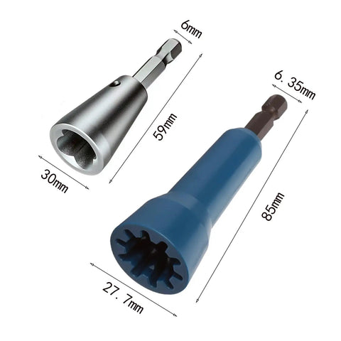 Two pieces of the Four Piece Wire Nut Twister Set for Drills With One Quarter Inch Chuck Fast Wire Twisting Tool Kit, with measurements.