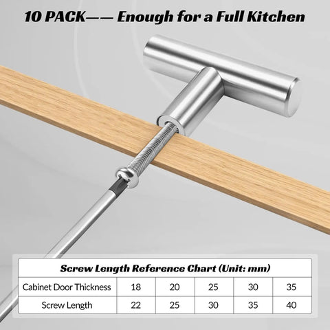 2 Inch Brushed Stainless Steel Cabinet Pulls T Bar Handles With Single Hole Installation shown with screw and chart