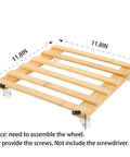 Three Pack Bamboo Plant Caddies With Rolling Wheels, 12 Inch Square Plant Stands showing dimensions and assembly notice