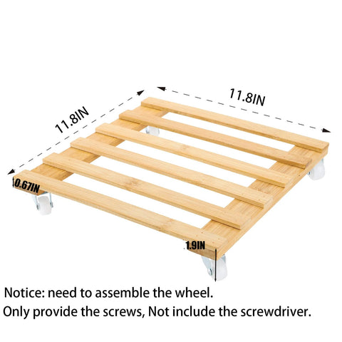 Three Pack Bamboo Plant Caddies With Rolling Wheels, 12 Inch Square Plant Stands showing dimensions and assembly notice