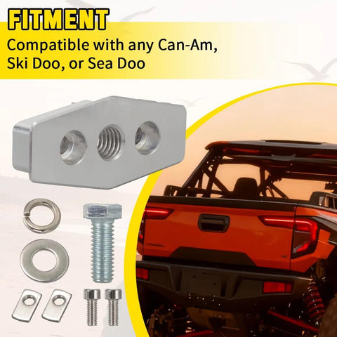 Four Pack ATV And UTV Anchor Tie Down Anchors Compatible With Can Am Sea Doo Ski Doo Convert Factory Holes Into Threaded Bolt Holes For Easy Secure Mounting Of Gear To Your Ride Quick Top Mount Installation In Seconds No Plastic Removal Required shown with components and ATV