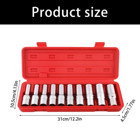 10 Piece E Star Socket Wrench Set Shop Grade Alloy Steel Mechanic Tools with red case and size dimensions shown.