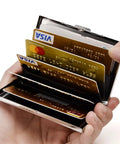 RFID Blocking Stainless Steel Card Holder Wallet with opened slots showing credit cards, compact mini size for men and women