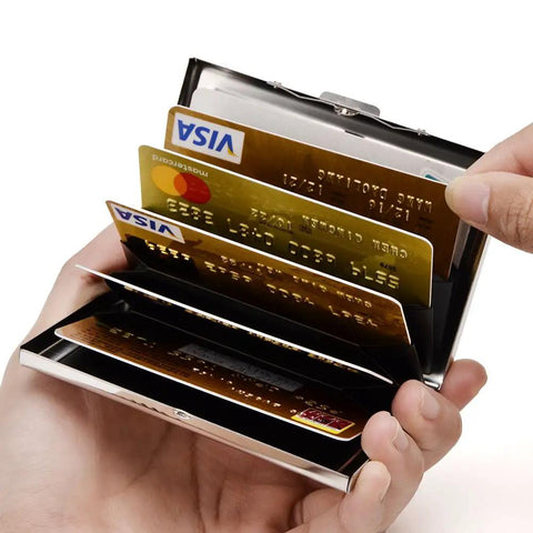 RFID Blocking Stainless Steel Card Holder Wallet with opened slots showing credit cards, compact mini size for men and women