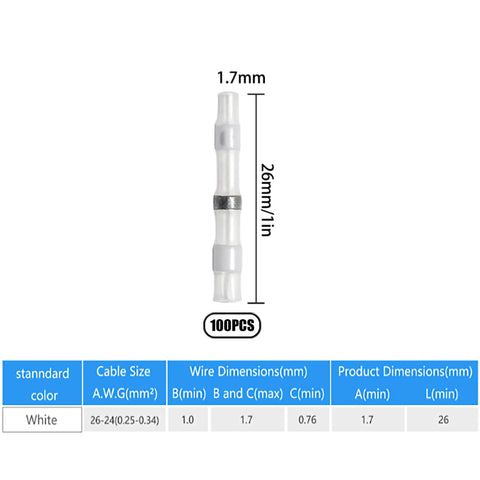 Top Shelf 100 Pack White Solder Seal Wire Connectors for 26 To 24 AWG Cables showcasing dimensions and details.