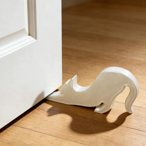Decorative cat-shaped door stopper in use, fits Black Eco Friendly Door Stopper With Soft Impact Absorbing Block, Quiet Door Bumper