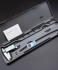 IP54 Rated Digital Caliper with Inch, Metric, and Fraction Conversion in case, includes user guide and battery.