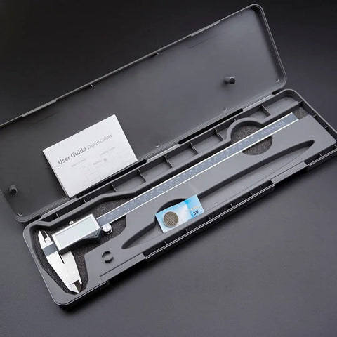 IP54 Rated Digital Caliper with Inch, Metric, and Fraction Conversion in case, includes user guide and battery.