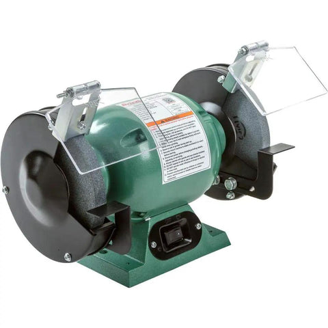 Pro Shop Grade Six Inch Bench Grinder Featuring 36 And 60 Grit Aluminum Oxide Wheels angled view with protective shields
