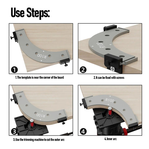 Five Piece Router Corner Radius Template Set With Removable Woodworking Jigs For Smooth Cabinet Edges Plus Sturdy Arc Cutting Guides step-by-step guide for router jig use.