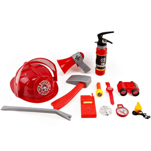 Kid Friendly Firefighter Dress Up Costume Set With 13 Pieces Pretend Play Gear Including Helmet Extinguisher Walkie Talkie Bullhorn Axe Pry Bar Badge And More For Boys And Girls