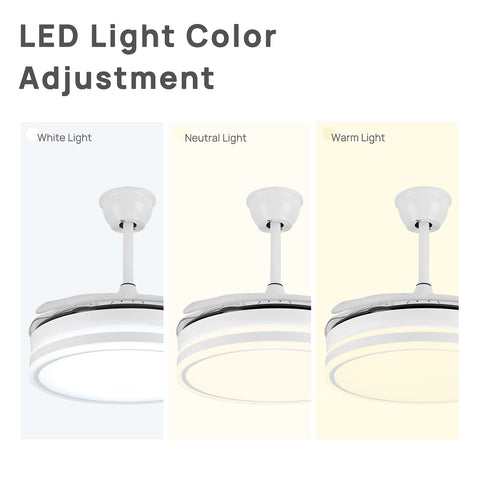 LED light color adjustment for Retractable 36 Inch Ceiling Fan With Lights Remote Control Industrial Style Fan With Dimmable 3 Color