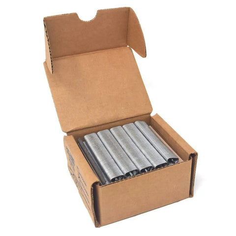 Open box showing stainless steel hog rings for Hog Ring Tool And 9/16 Inch Stainless Steel Hog Rings Set (2500) For Netting, Fencing, Arts