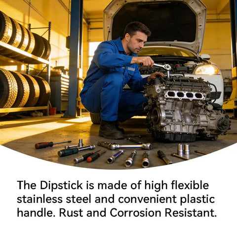 Mechanic using Universal Transmission Fluid Dipstick Tool For 42RLE NAG1 45RFE 62TE Transmissions in a garage