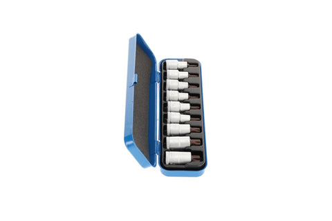 Heavy-Duty Half Inch Drive Screwdriver Bit Socket Set, 9-Piece With Torx T20 Through T60, displayed in a blue case