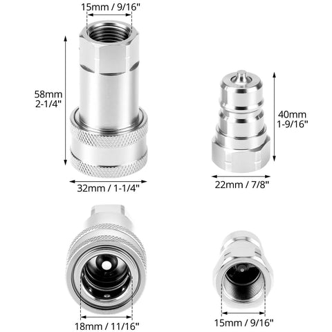 QWORK hydraulic quick-connect couplers, front/side views, set of 2, 3/8 NPT and 3/8 ISO, hardened steel with dust caps