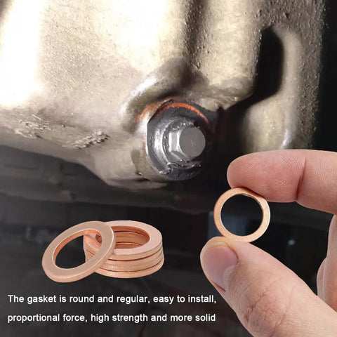 20 Pack 14mm Copper Oil Drain Plug Gasket Seals shown near engine drain plug for leakproof performance