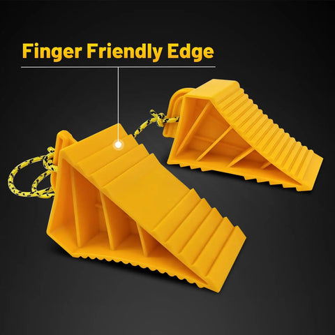 Two Pair Wheel Chocks With Rope And Easy Carry Handle For Travel Trailers Cars Campers Trucks And RVs Non Slip Bright Yellow