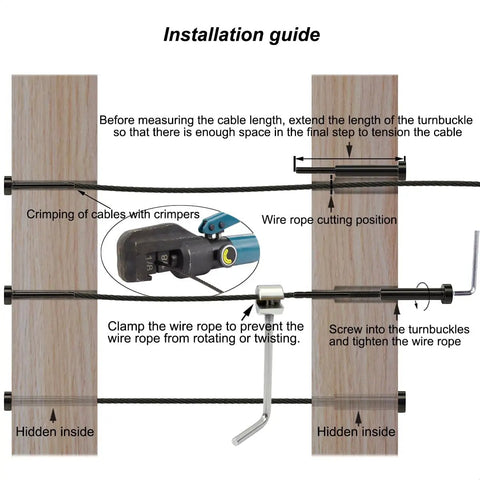 Installation guide for Hidden Black Cable Railing Hardware Kit with beefy turnbuckle tensioners, fixed terminals on wood posts.