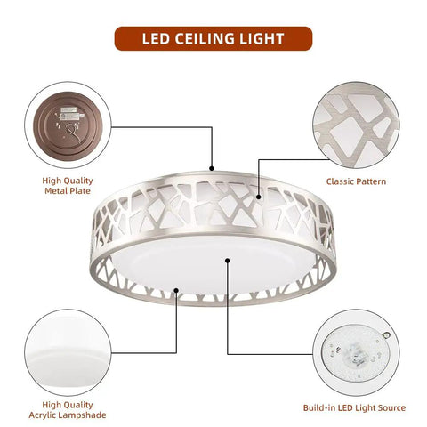 14 Inch LED Flush Mount Ceiling Light Fixture With Dimmable 3000K Warm White, 1400 Lumens, 20W, Brush Nickel Finish with details