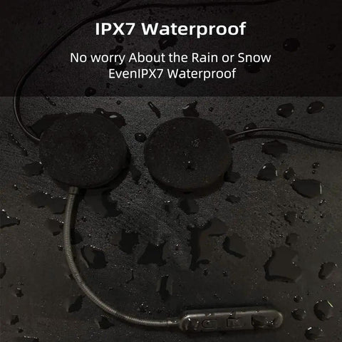 Motorcycle Helmet Bluetooth Headset with Waterproof Sports Sound System Hands Free Music and Call Control Auto Answer 60 Hour Play Time Clear HiFi Audio Dual Device Pairing Solid 20 Meter Range for Riding, shown with water droplets highlighting IPX7 waterproof feature.
