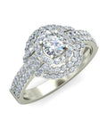Intricate silver-plated ring with a central stone encircled by smaller gems, Two Stone Moissanite Ring With Silver Plated Band For Women.