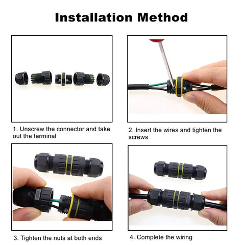 M20 IP68 waterproof 4-pin electrical cable connector kit, black body with yellow seals and green/black wires.