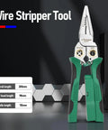 Green Do It All Electrician Wire Stripper With Built In Power Meter for Pro Electrical Work detailed with measurement overlay.