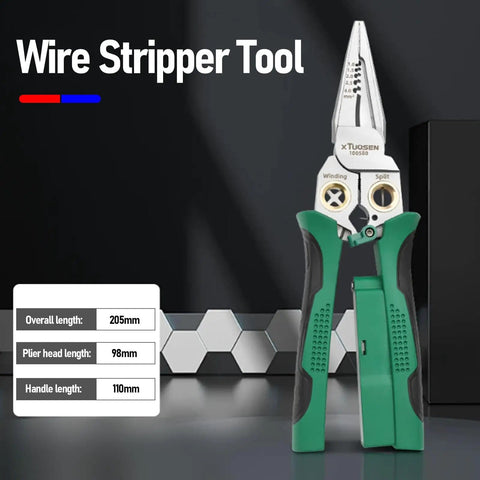 Green Do It All Electrician Wire Stripper With Built In Power Meter for Pro Electrical Work detailed with measurement overlay.