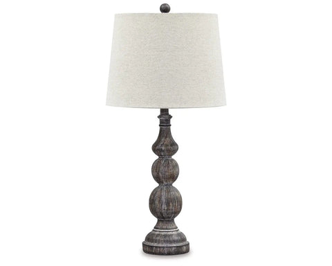Two Pack Rustic Farmhouse Poly Table Lamps With Gray Finish And Timeworn Look, Polyresin Bases, Modified Drum Shades, Three Way Switches