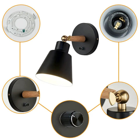 Black Wood Style Wall Sconces Set of 2 showing matte black finish, wood accents, and E26 bulb socket details