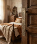 Solid Brass Door Handle With Hand Hammered Finish Rectangular Cabinet Pull Golden Antique Hardware For Doors And Cabinets Durable Solid Metal Construction In 40 Inch Length in rustic bedroom setting