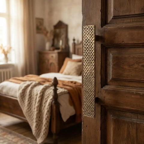 Solid Brass Door Handle With Hand Hammered Finish Rectangular Cabinet Pull Golden Antique Hardware For Doors And Cabinets Durable Solid Metal Construction In 40 Inch Length in rustic bedroom setting