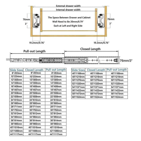 Technical diagram showing dimensions and specifications for beefy full extension drawer slides for tool boxes, 40 inch length
