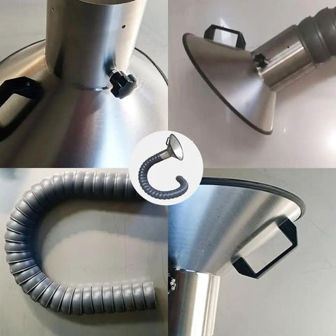 Tough As Nails Articulated Fume Extractor Hose With Heavy Duty Stainless Steel Hood And Full Swivel Flex Duct Tube For Hot Welding Smoke Dust Collection Quick Rig Two Meter Long Six Inch Wide Shop Ready, showing the stainless steel hood and flexible duct.
