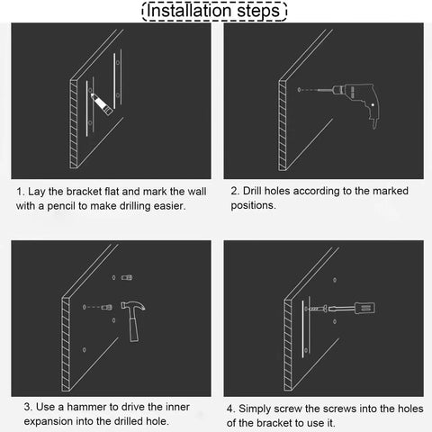 Installation steps for Heavy Duty Floating Shelf Brackets Wall Mounted Wrought Iron Shelf Supports, showing drilling and mounting process.