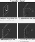 Installation steps for Rock Solid Four Tier Wall Shelf Brackets Black Wrought Iron Floating Support Set with screws.