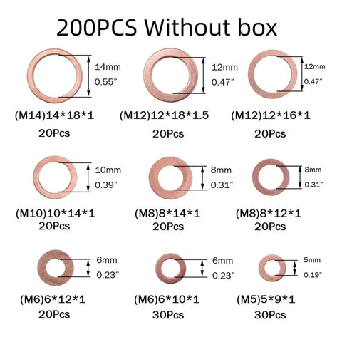 Copper Washer Gasket Nut And Bolt Set For Sump Plugs, Flat Ring Seal Assortment, 200 Piece Set Without Box, various sizes shown