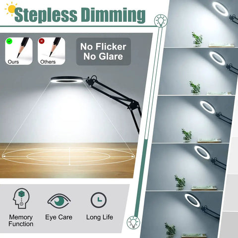 10X Magnifying Glass with Light and Stand showing stepless dimming and eye care features