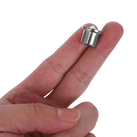 Close-up of a metal dowel pin from the Eight Piece Pro Grade Metal Doweling Center Pins And Dowel Locator Plugs set for woodworking.