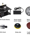 Compact Mini Sliding Table Saw Bad Boy Electric Bench Saw with acrylic board, power supply, saw blade, and accessories.