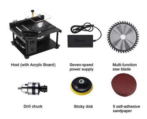 Compact Mini Sliding Table Saw Bad Boy Electric Bench Saw with acrylic board, power supply, saw blade, and accessories.