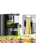 Full Automatic Electric Noodle Maker With Smart Water Filling And Multi Function Pasta Press For No Hassle Home Cooking In Sleek Black Finish, showcasing noodle extrusion into fresh pasta.