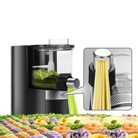 Full Automatic Electric Noodle Maker With Smart Water Filling And Multi Function Pasta Press For No Hassle Home Cooking In Sleek Black Finish, showcasing noodle extrusion into fresh pasta.