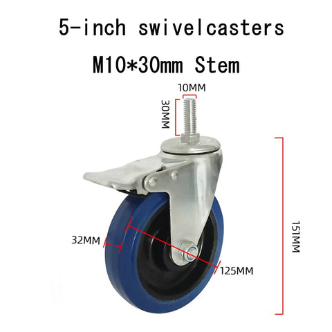 Heavy Duty Swivel Caster Wheels With Brake Thermoplastic Rubber Rollers And M10X30mm Threaded Stem, 5-inch size with metal base.