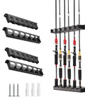 Vertical Wall Mount Fishing Rod Holder Rack 2 Pack Garage Storage Solution That Lets You Stash Up To 12 Rods Or Combos Fits Most Rod Diameters Space Saving Black Organizer For Easy Install And Durable Build Great For Freshwater And Saltwater Poles with visible brackets, screws, and rods.