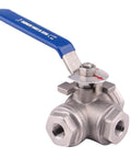 3-Way Ball Valve With L Mounting Pad Stainless Steel 304 Female 1/4 Inch NPT Ports for Water Oil Gas with Vinyl Locking Handle
